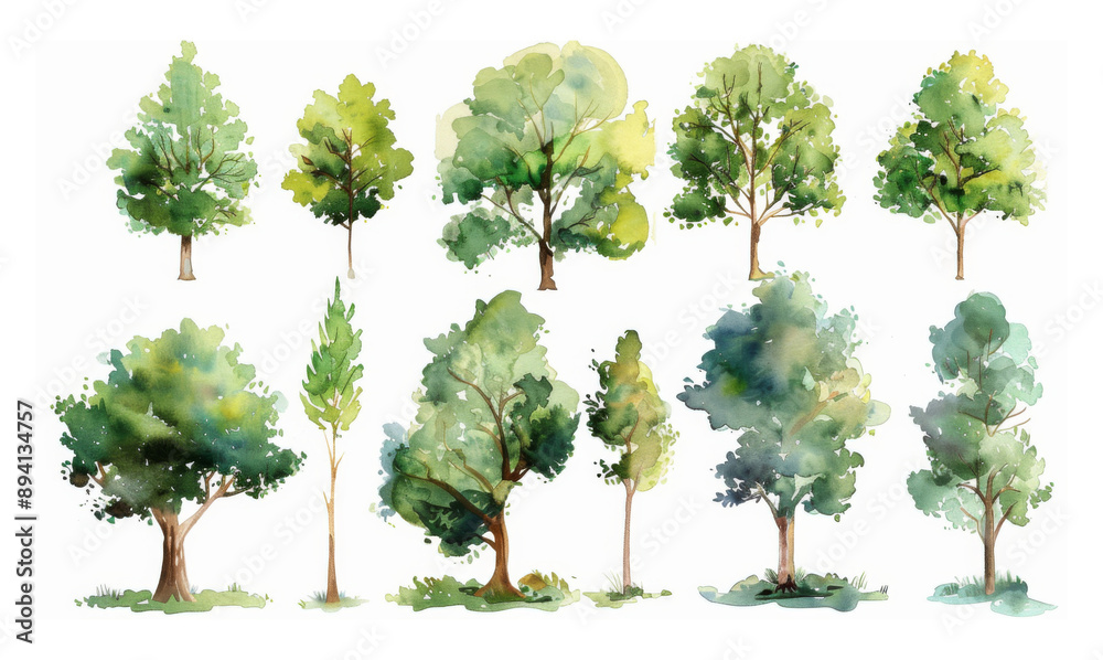 Set of watercolor green trees isolated on a white background, ideal for landscape and architectural drawings, environmental elements, gardens, and botanical spring sections.
