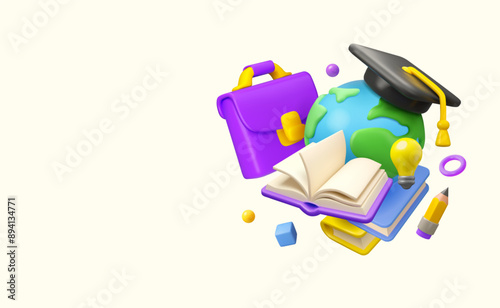 Back to school vector 3d web banner. Study abroad template. Education stationery elements. Book, pencil and briefcase with planet Earth. Autumn time for study begin concept.