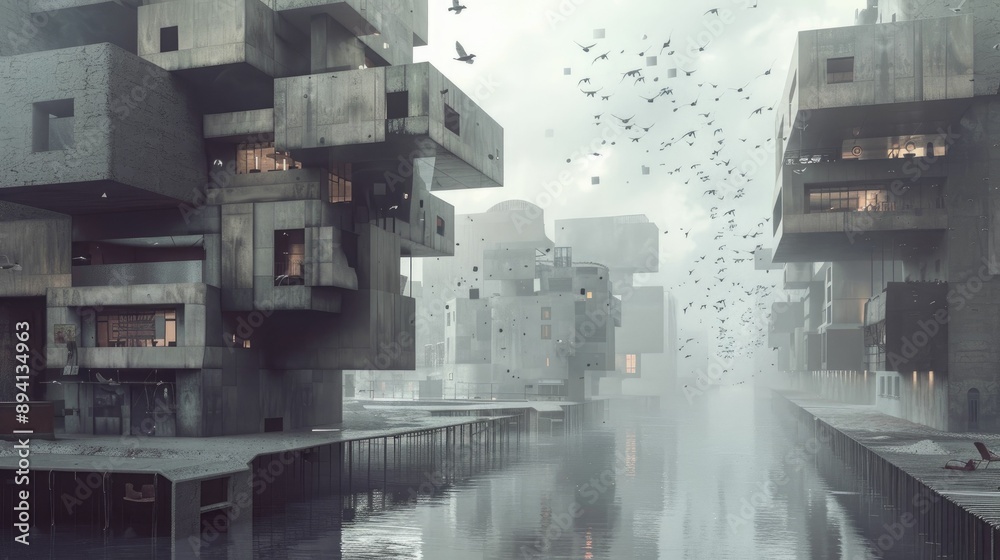 Obraz premium Floating architectural concept with interconnected buildings and sky bridges