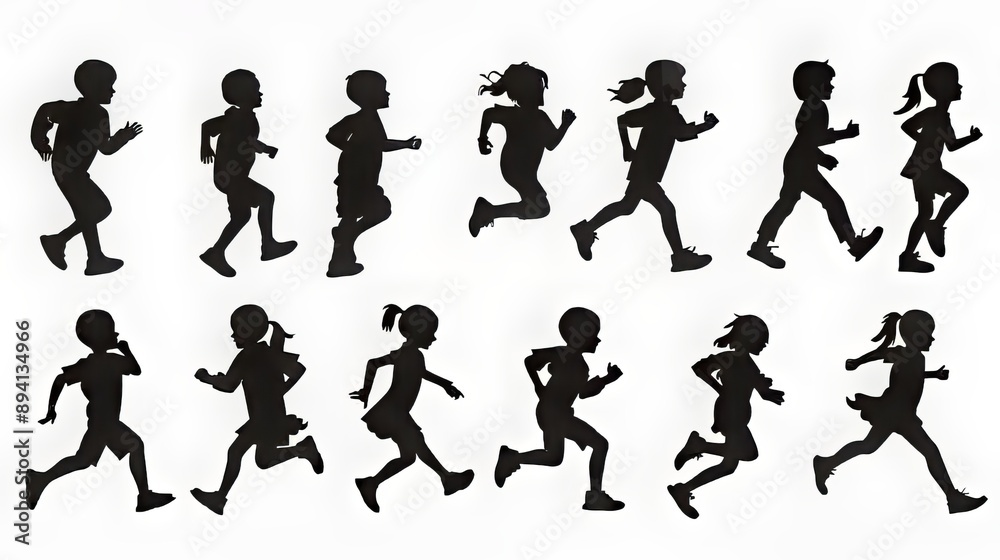 The image features black silhouettes of children running and playing set against a white background The image features black silhouettes of children running and playing set against a white background