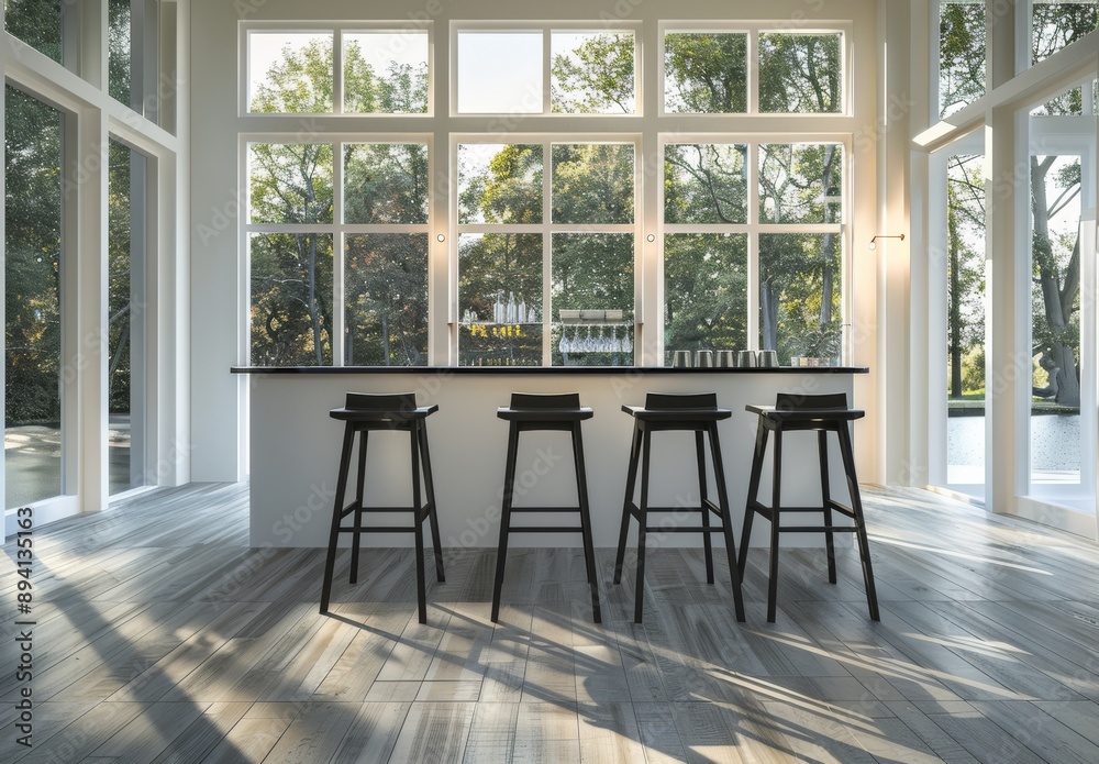 Interior of a modern bar with white walls, wooden floor, white bar stools and large windows. Interior of a modern bar with white walls, wooden floor, white bar stools and large windows.