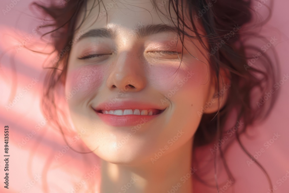 A serene portrait of a joyful woman basking in soft light, radiating positivity and warmth with a gentle smile. A serene portrait of a joyful woman basking in soft light, radiating positivity and warmth with a gentle smile.