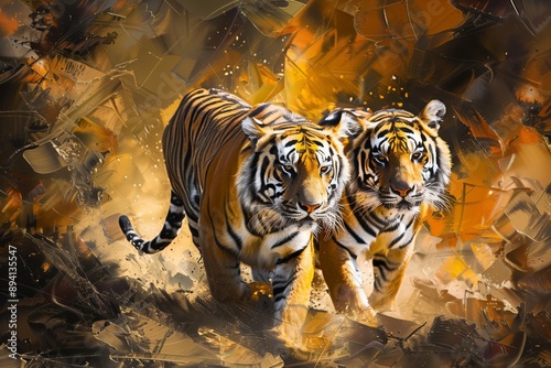 Tiger in Savanah Oil Painting with Visible Paint Streaks Generative Illustration Artwork