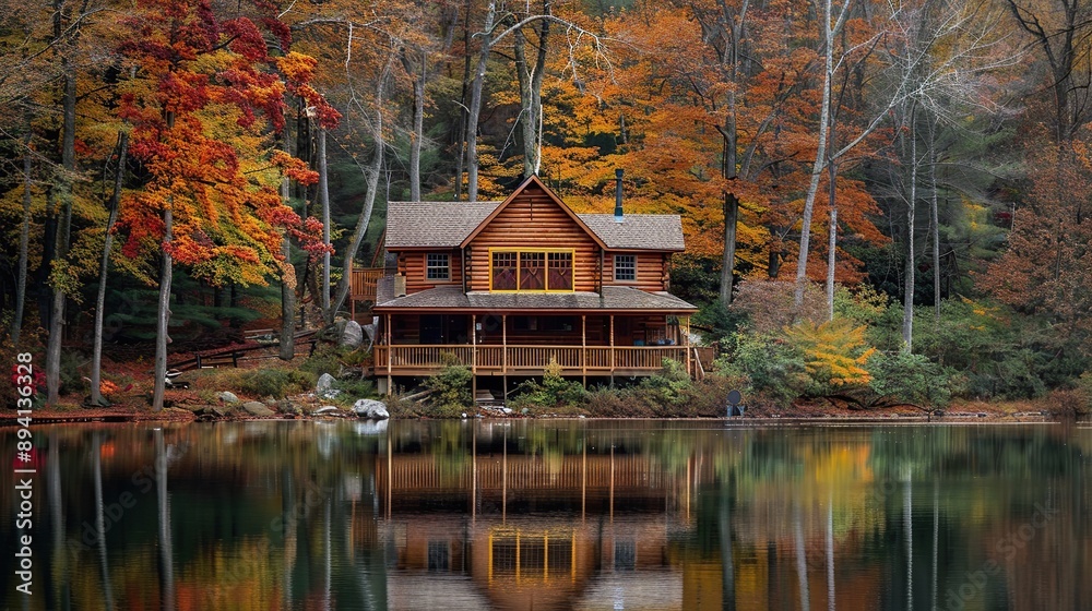 Log cabin by the lake in the woods, water reflections in fall, secluded lake house getaway. copy space for text.