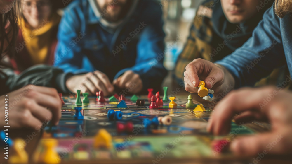 Depict a cozy board game night with friends gathered around a table playing a logic-based board game. Depict a cozy board game night with friends gathered around a table playing a logic-based board game.