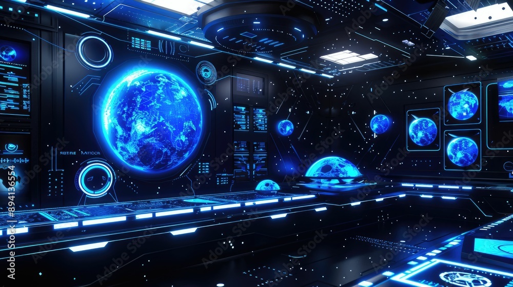 Obraz premium Floating holographic interfaces in a dark room