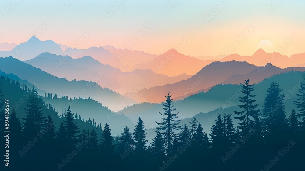 Obraz premium Realistic mountains landscape. Morning wood panorama, pine trees and mountains silhouettes. Vector forest hiking background. 