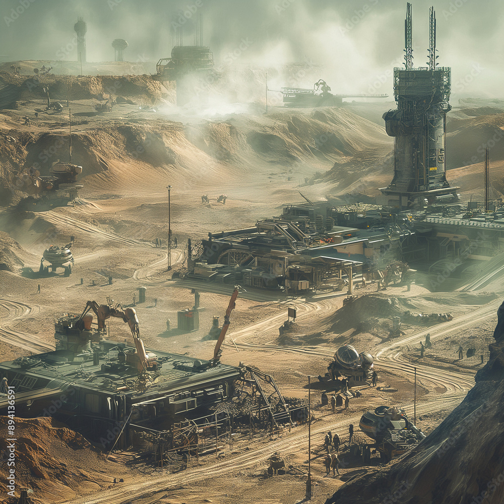 Fototapeta premium Smoky industrial cityscape with factories, chimneys, and a hazy sky