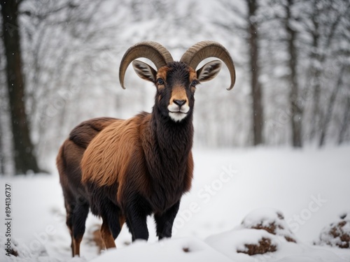 European mouflon Ovis orientalis musimon Aries stand snow