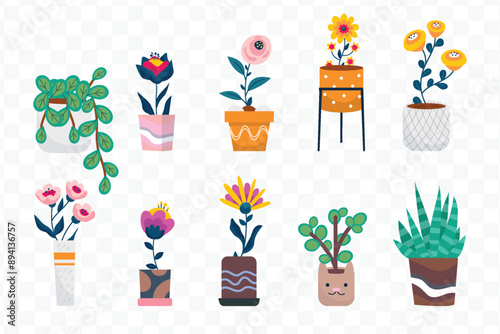 Plants in flowerpot. Houseplants isolated. Trendy hugge style, urban jungle decor. Hand drawn. Set collection.