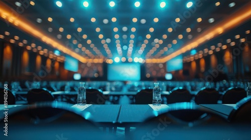 This image features a spacious conference hall illuminated by glowing lights, ideal for meetings and events.