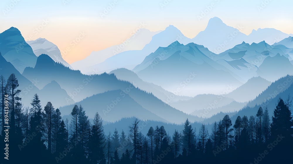 Realistic mountains landscape. Morning wood panorama, pine trees and mountains silhouettes. Vector forest hiking background. Realistic mountains landscape. Morning wood panorama, pine trees and mountains silhouettes. Vector forest hiking background.