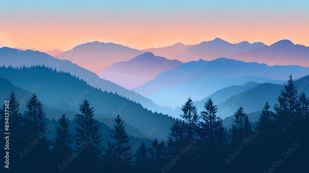 Obraz premium Realistic mountains landscape. Morning wood panorama, pine trees and mountains silhouettes. Vector forest hiking background. 