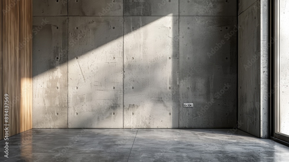 Room with grey concrete walls and floor electrical outlet and wooden baseboards Room with grey concrete walls and floor electrical outlet and wooden baseboards