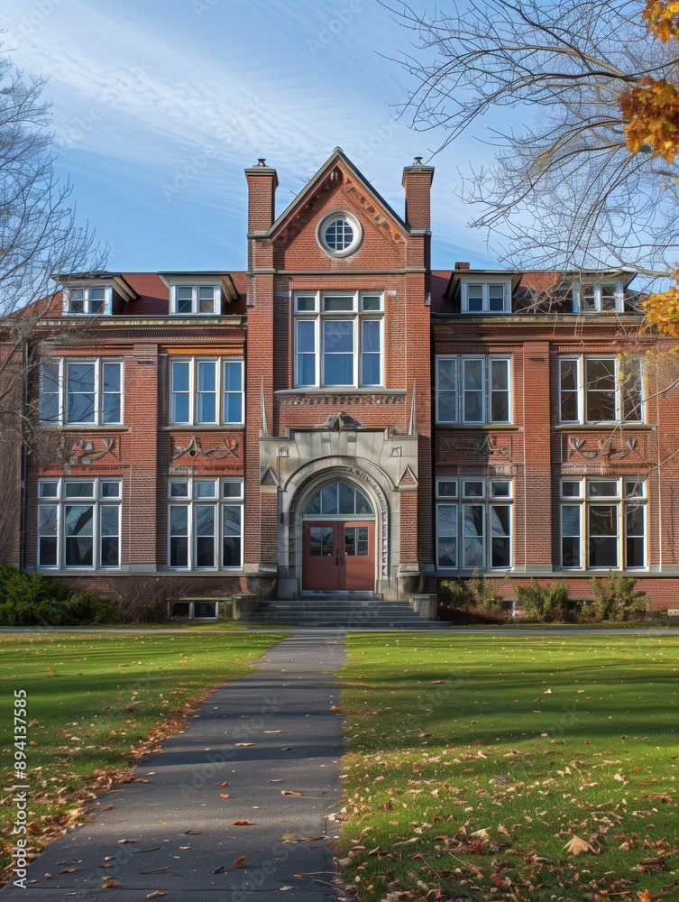 Naklejka premium Historic Brick School Building with Autumn Foliage