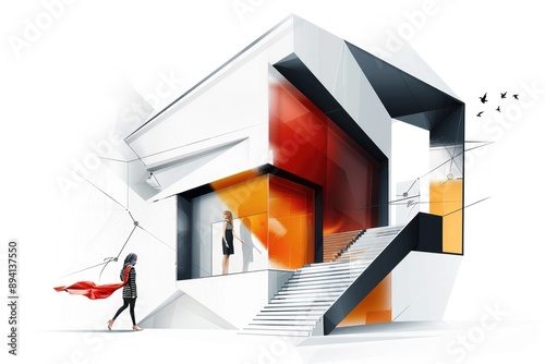 An Abstract Modern Building Rendered in White and Gray With Hints of Red and Orange photo