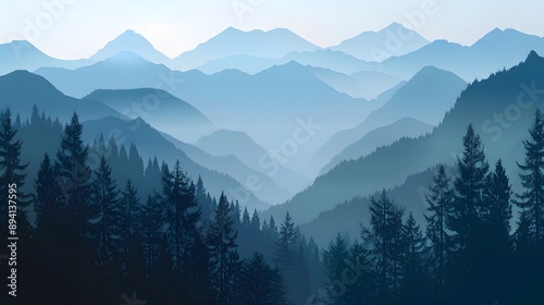 Realistic mountains landscape. Morning wood panorama, pine trees and mountains silhouettes. Vector forest hiking background. 