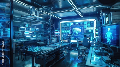 Futuristic medical lab with holographic displays and equipment