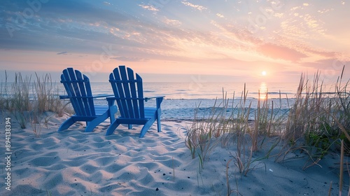 Two blue Adirondack chairs on a beach with sand dunes facing the ocean at sunset. Summer scenic landscape. copy space for text.