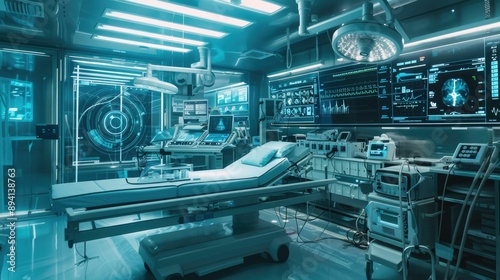 Futuristic medical lab with holographic displays and equipment