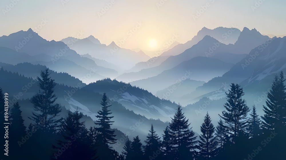 Realistic mountains landscape. Morning wood panorama, pine trees and mountains silhouettes. Vector forest hiking background. Realistic mountains landscape. Morning wood panorama, pine trees and mountains silhouettes. Vector forest hiking background.