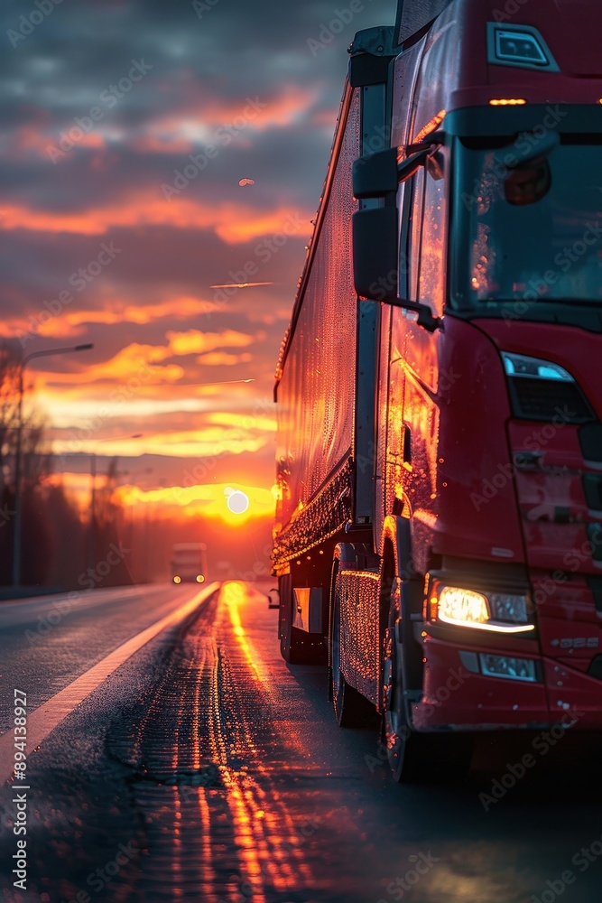 Red Truck Driving on Highway at Sunset with Dramatic Sky and Reflections on Wet Road Red Truck Driving on Highway at Sunset with Dramatic Sky and Reflections on Wet Road