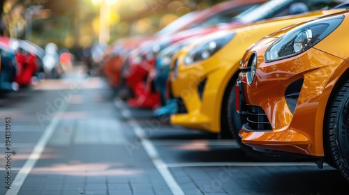 Close-Up of Colorful Modern Cars Parked in a Row on a Sunny Day in an Urban Setting