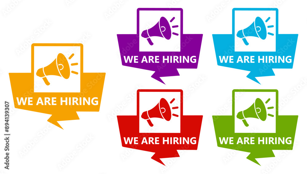 Set collections we are hiring trendy colorful icon sign.  job vacancy labels design template Vector illustration