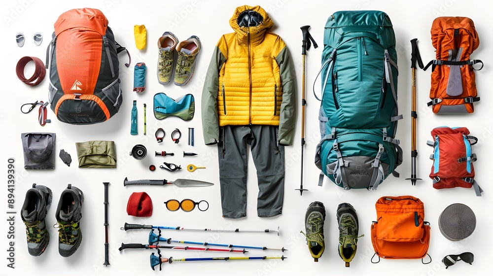 Set of sport equipment and gear for hiking and trekking. Top view of walking sticks, backpack, clothes etc. isolated on white background. Set of sport equipment and gear for hiking and trekking. Top view of walking sticks, backpack, clothes etc. isolated on white background.