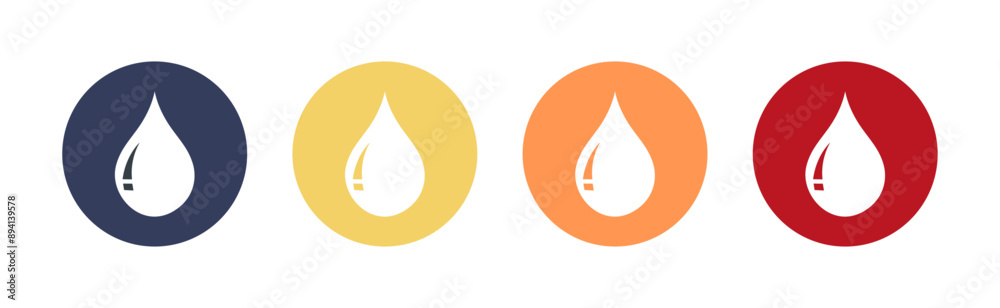 Water drops icon set in different color. Water droplets icon collection in the circle logotype. Blood and water drop logotype. For apps and websites. Water drops icon set in different color. Water droplets icon collection in the circle logotype. Blood and water drop logotype. For apps and websites.