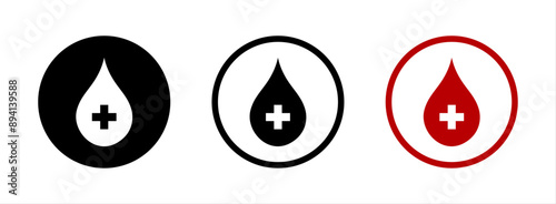 Blood drop sign symbol logotype red and black color. Donate drops blood with cross sign. Donor concept. Flat design. Medical symbol. Blood drop logo icon set. Vector illustration.