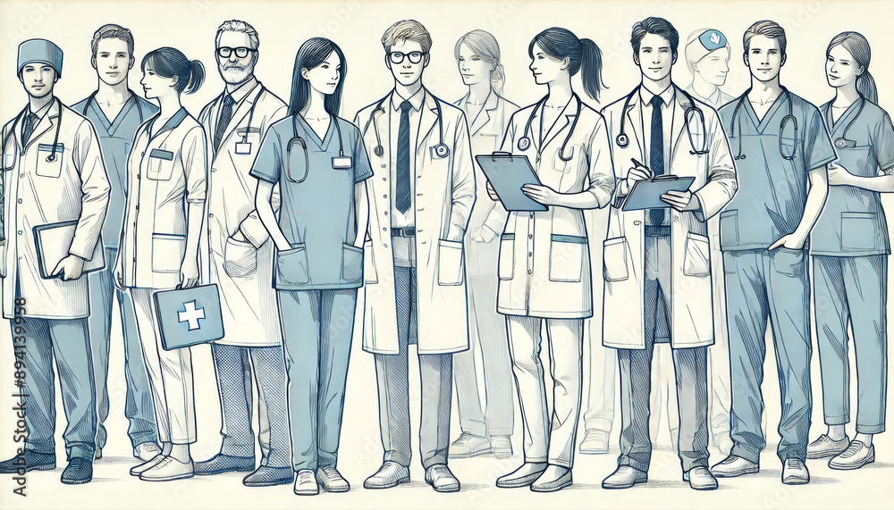 Multiple medical professionals in a minimalist Multiple medical professionals in a minimalist