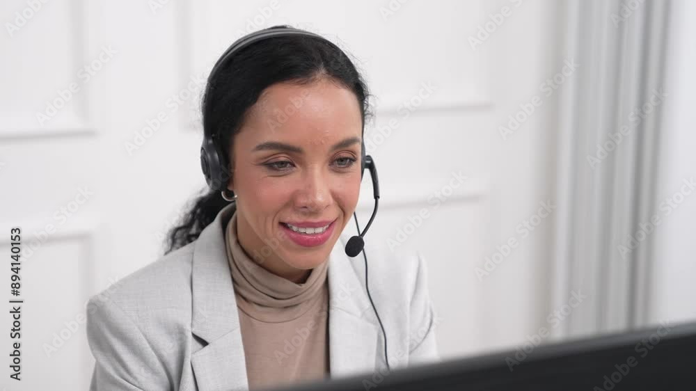 Businesswoman wearing headset working in office to support remote customer or colleague. Call center, telemarketing, customer support agent provide service on telephone video conference call crucial Businesswoman wearing headset working in office to support remote customer or colleague. Call center, telemarketing, customer support agent provide service on telephone video conference call crucial
