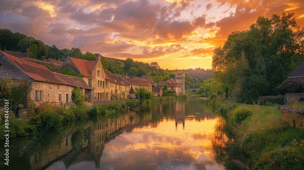 Fototapeta premium Picturesque Village by the River at Sunset with Vibrant Sky and Reflections in the Water