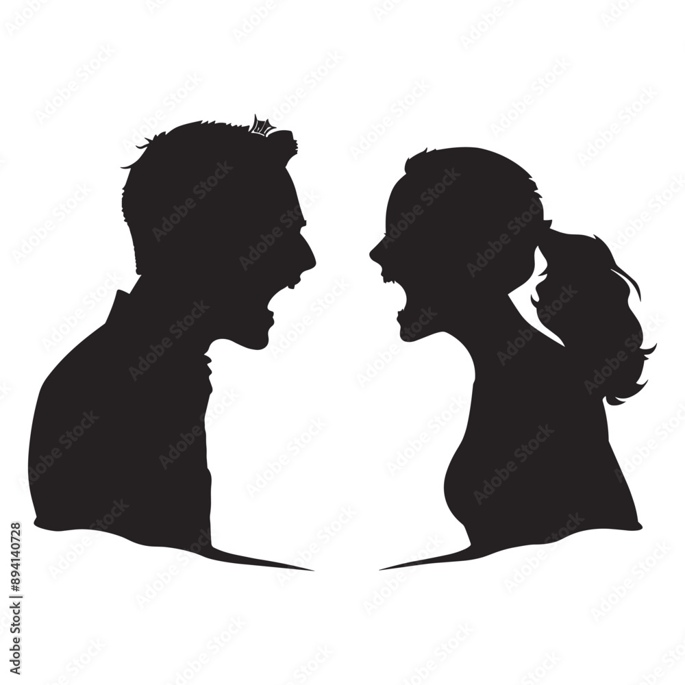Silhouettes of a man and a woman screaming at each other, conflict, disagreement, argument, relationship problems Silhouettes of a man and a woman screaming at each other, conflict, disagreement, argument, relationship problems