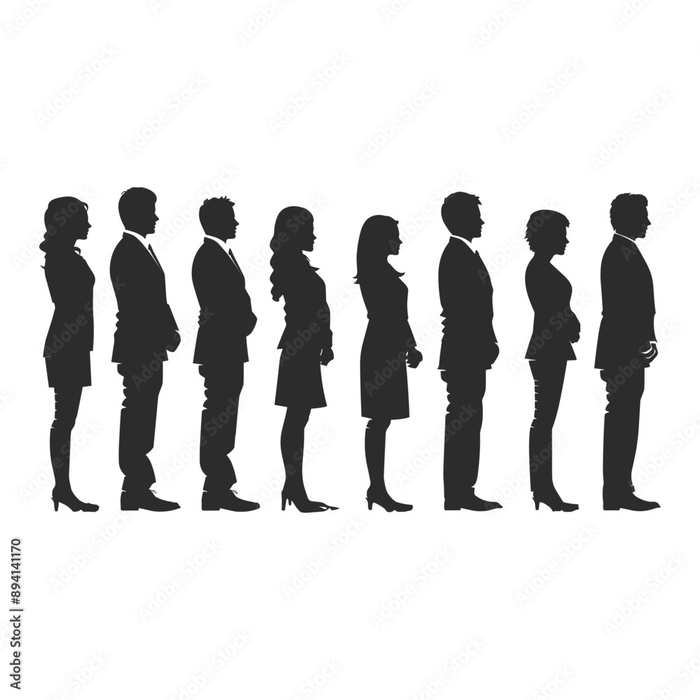 Silhouettes of 8 people standing in line, waiting, business meeting, business concept Silhouettes of 8 people standing in line, waiting, business meeting, business concept