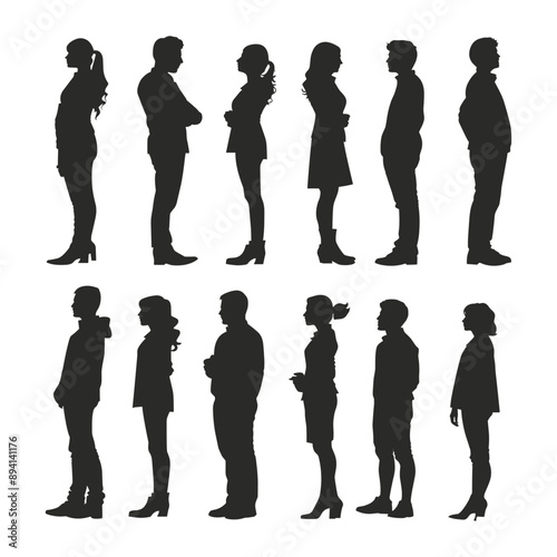 Silhouettes of 12 People Standing in a Line, Side View