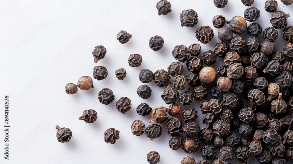 Isolated black peppercorns on a white surface Isolated black peppercorns on a white surface
