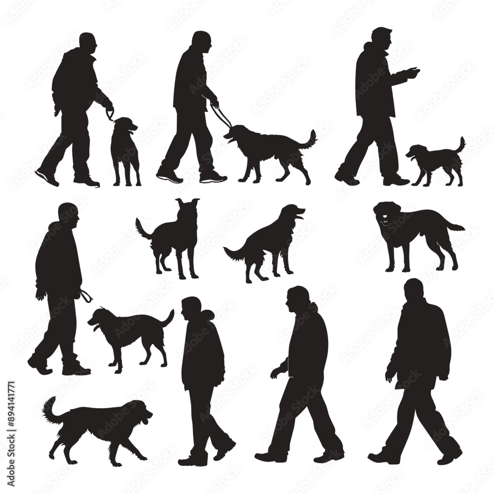 Silhouettes of People Walking Their Dogs, Pet Owners and Companions Silhouettes of People Walking Their Dogs, Pet Owners and Companions