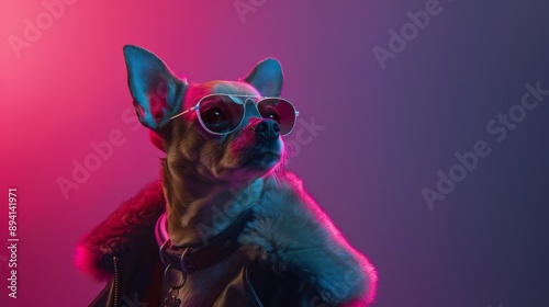 Stylish dog is depicted wearing sunglasses, gold chains. Blurred bright background. Copy space