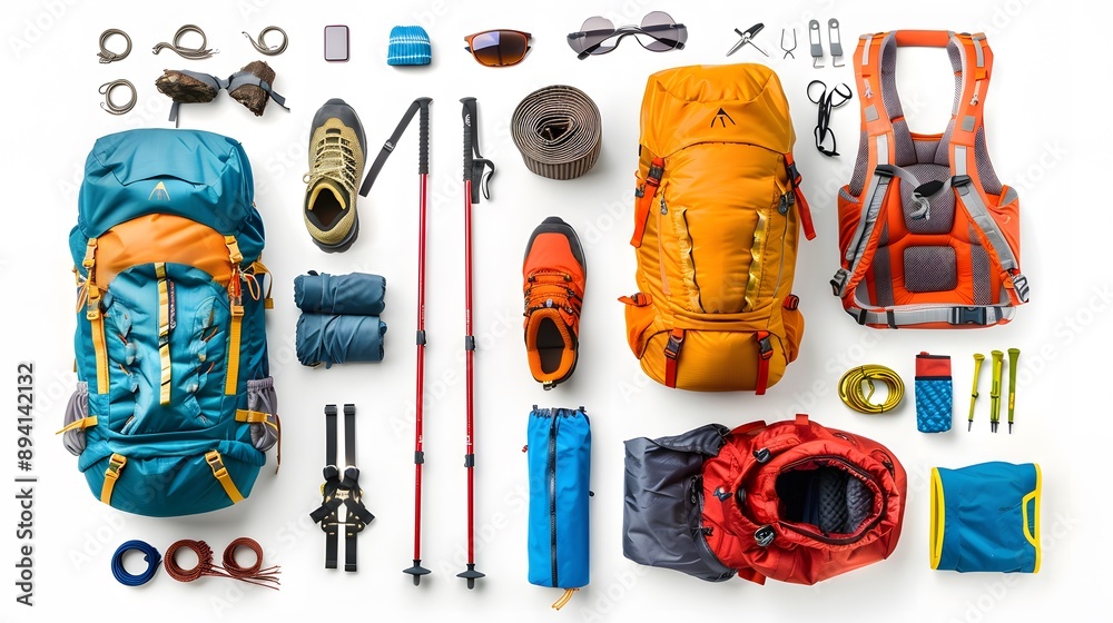 Set of sport equipment and gear for hiking and trekking. Top view of walking sticks, backpack, clothes etc. isolated on white background. Set of sport equipment and gear for hiking and trekking. Top view of walking sticks, backpack, clothes etc. isolated on white background.