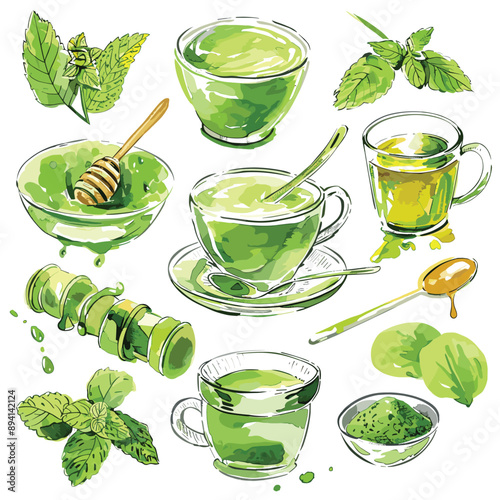 Matcha tea with honey and mint leaves set, watercolor illustration.