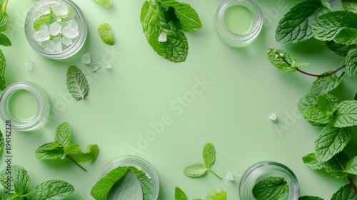 Wallpaper Mural Cosmetic skincare background featuring herbal medicine and fresh green mint leaves on a natural stone surface – ideal for beauty, wellness, and skincare products Torontodigital.ca