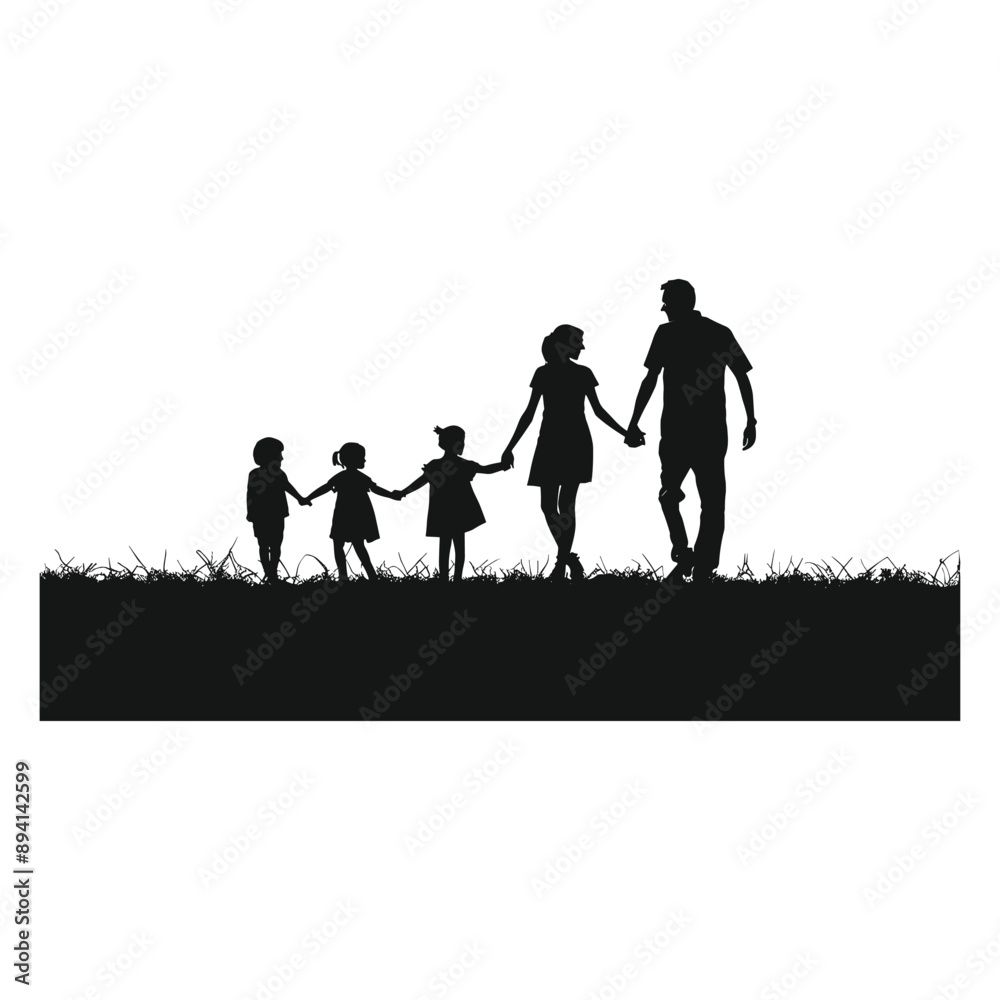 Family Silhouette, Parents and Children Walking Hand in Hand Family Silhouette, Parents and Children Walking Hand in Hand