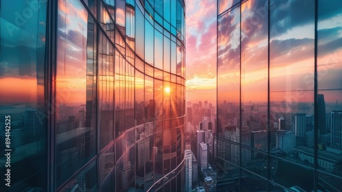 Futuristic skyscraper with curved glass walls reflecting the sunset