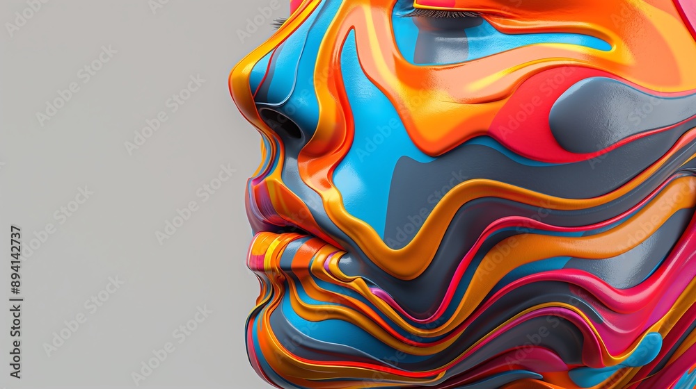 Obraz premium Close-up. Colorful human face. Artistic wave pattern. Multicolored emotions. Gray background.