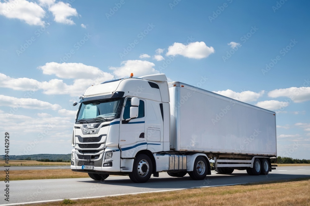 White semi-truck on road against blue sky White semi-truck on road against blue sky