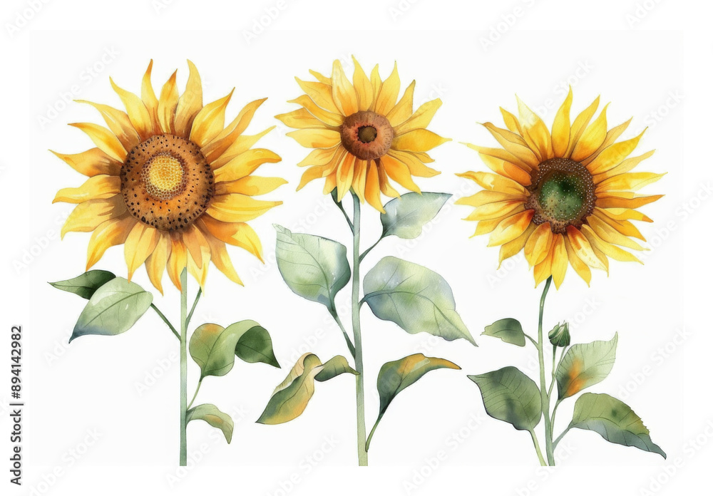 Naklejka premium Watercolor sunflower element set isolated on white background.