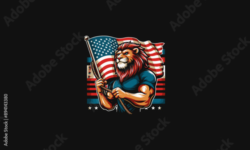 character lion hold flag american vector mascot design