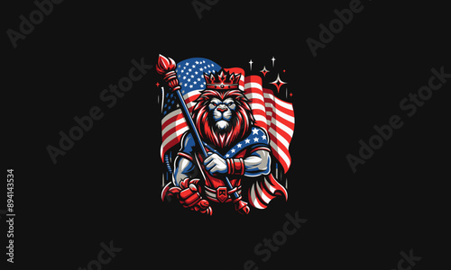 character lion hold flag american vector mascot design